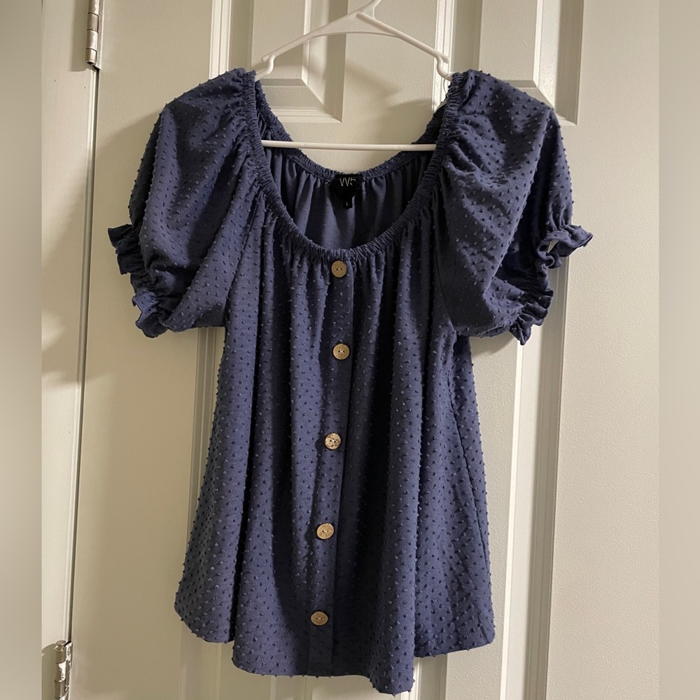 W5 Blue Swiss Dot Button Front Blouse, Size L